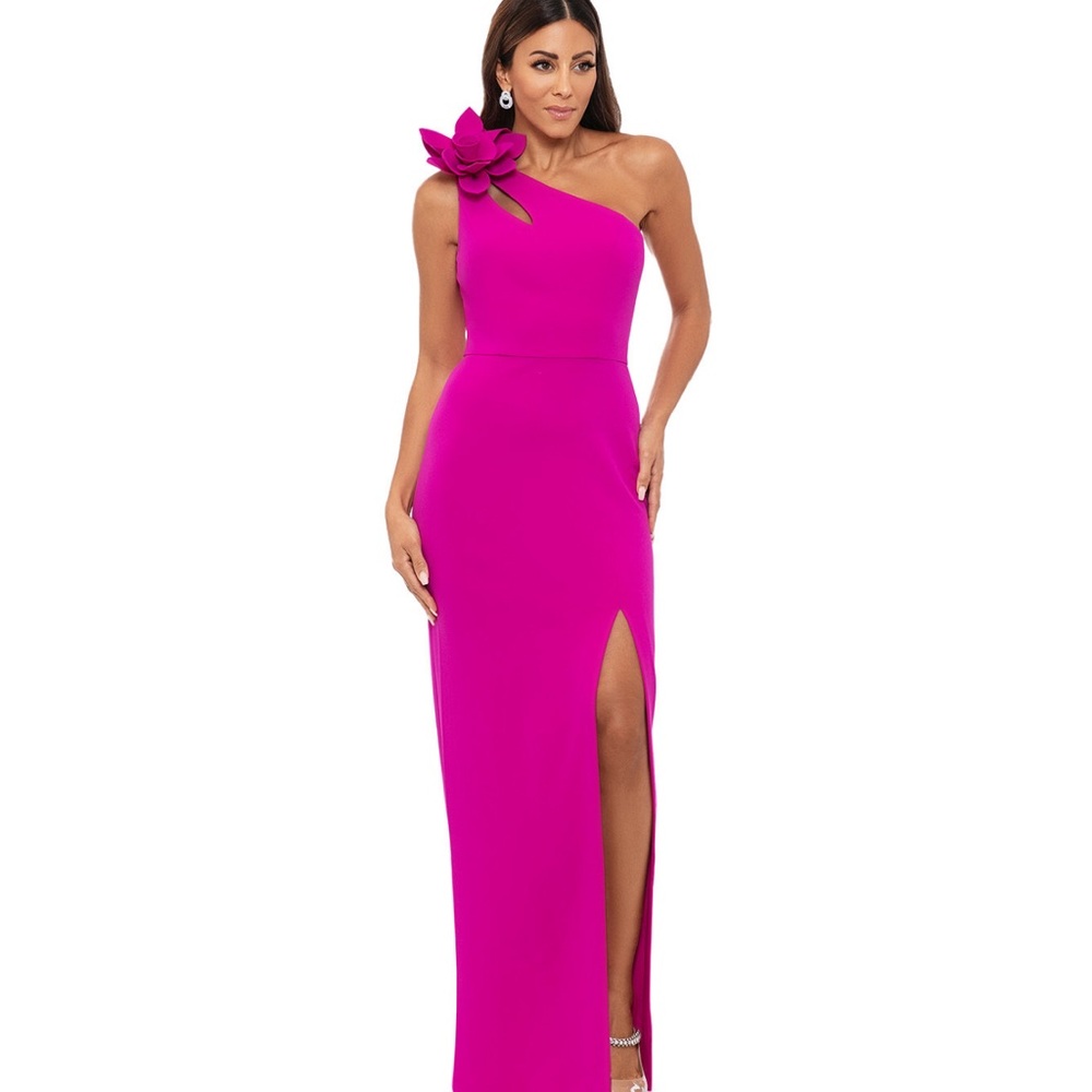 XSCAPE one shoulder floral side slit dress